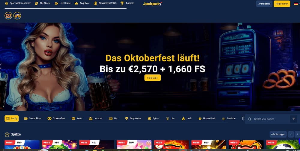 Jackpoty Casino-Startseite mit einem Oktoberfest-Banner, der bis zu 2.570 € und 1.660 Freispiele bietet, mit einer Frau in bayerischer Tracht und Bierkrügen. Die dunkle Oberfläche enthält Navigation für Slots, Live-Casino, Jackpots und heiße neue Spiele.