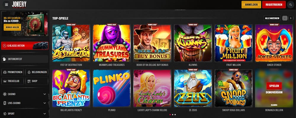 Jokery Casino-Startseite mit einem bunten Raster beliebter Spiele wie Fist of Destruction, Mummyland Treasures und Zeus 1000 sowie einem Banner mit bis zu 1000 € Bonus und 150 Freispielen. Die Oberfläche bietet Navigation für Jackpots, Megaways, Feature Buys und klassische Slots.