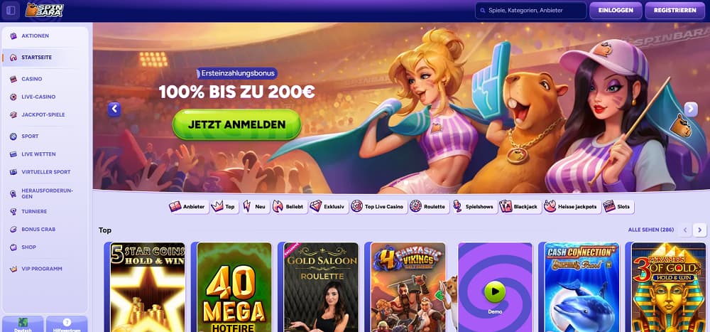 Eine lebendige SpinBara Casino-Startseite mit dunklem Design und grünen Akzenten, die SpinBara Willkommensbonus von 100 % bis zu 200 € präsentiert, mit einer Seitenleiste voller Spielkategorien und einem Karussell beliebter Slot- und Live-Casino-Spiele.